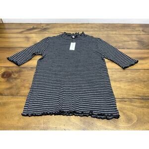 ANTHROPOLOGIE T.La CHARCOAL GREY WHITE STRIPED RIBBED MOCK NECK TEE TOP MEDIUM